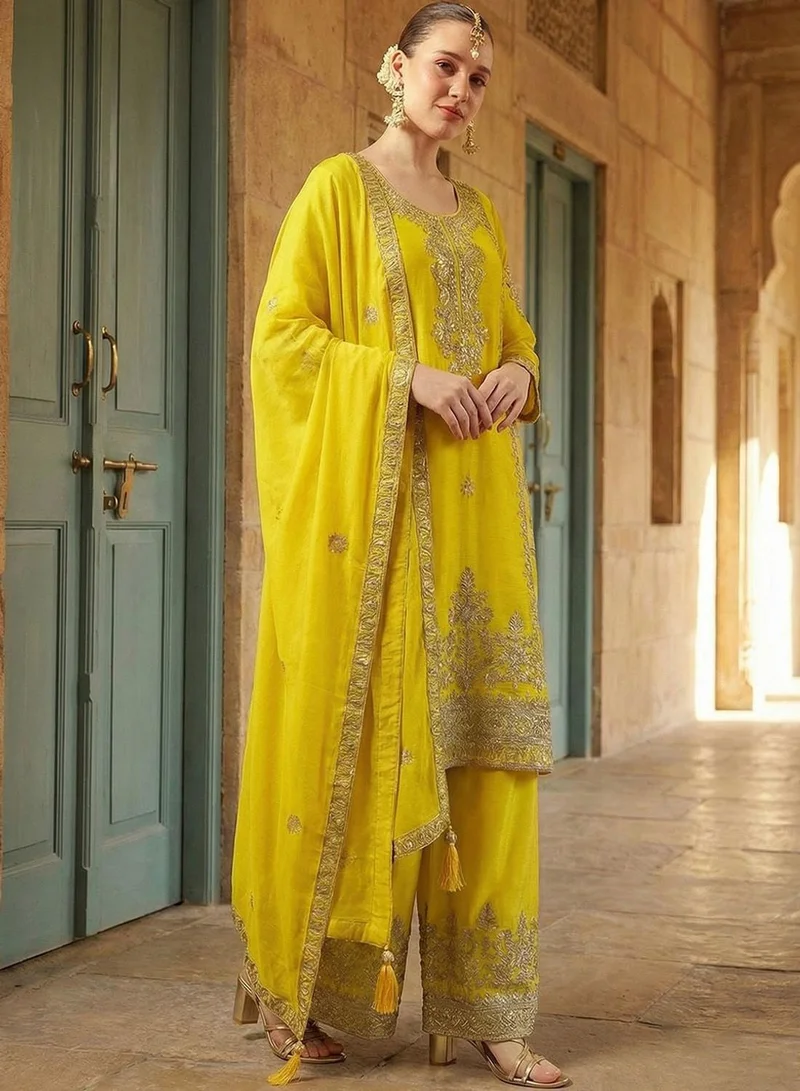 آي شين Yellow Poly Embroidered Straight Fit Tunic & Full Length Palazzo Kurta Set For Women