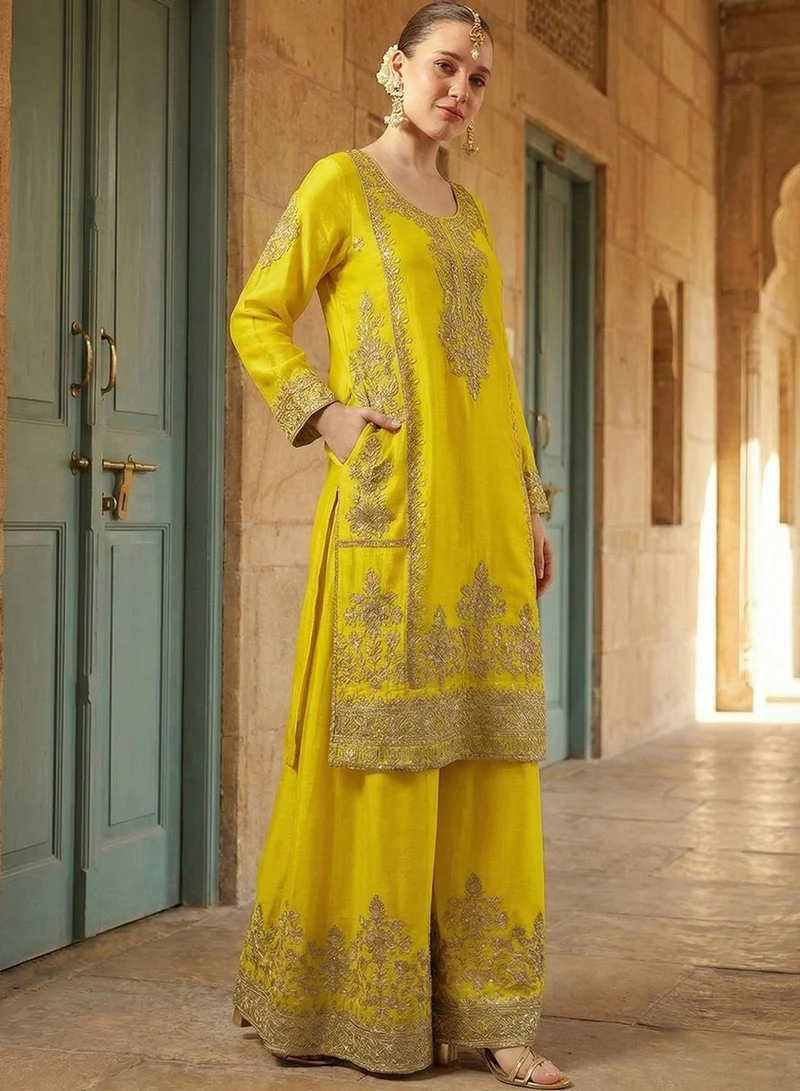آي شين Yellow Poly Embroidered Straight Fit Tunic & Full Length Palazzo Kurta Set For Women