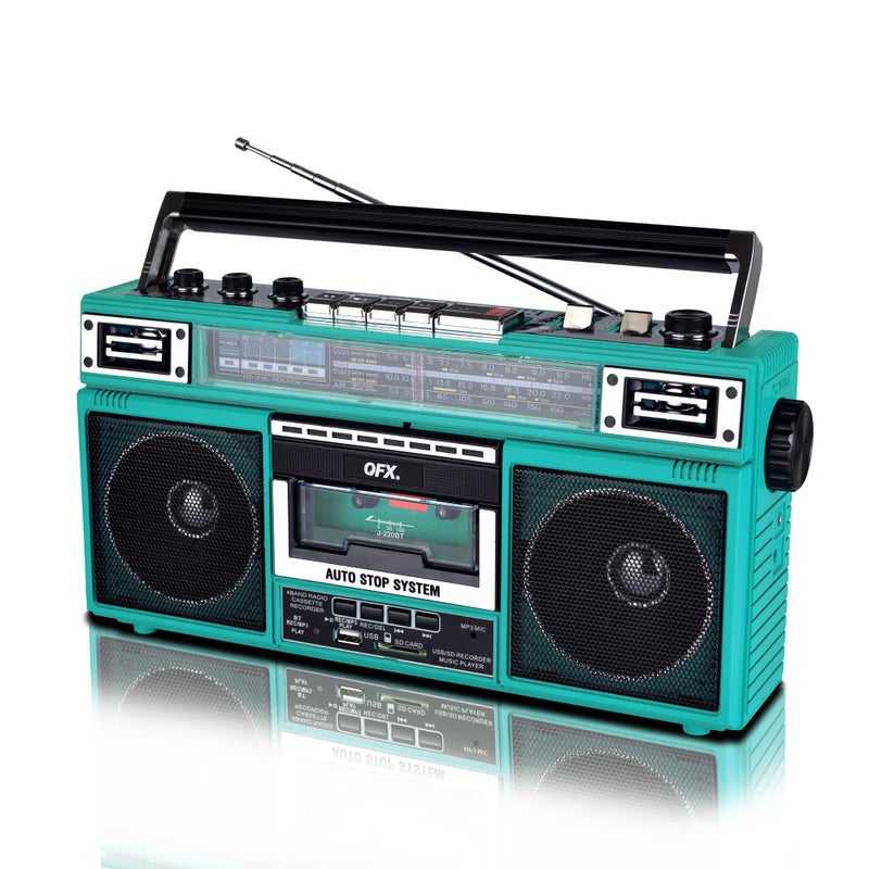 QFX J-220BTTQ Aqua Turquoise Boombox MP3 Conversion from Radio to Cassette with 4-Band (AM, FM, SW1, SW2) Radio with Bluetooth, Dual 3â€ Speakers, Built-in Microphone, Recorder, and a 3-Band Equalizer - Image 2