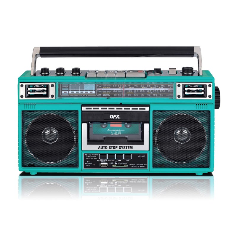 QFX J-220BTTQ Aqua Turquoise Boombox MP3 Conversion from Radio to Cassette with 4-Band (AM, FM, SW1, SW2) Radio with Bluetooth, Dual 3â€ Speakers, Built-in Microphone, Recorder, and a 3-Band Equalizer - Image 1