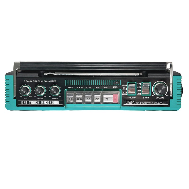 QFX J-220BTTQ Aqua Turquoise Boombox MP3 Conversion from Radio to Cassette with 4-Band (AM, FM, SW1, SW2) Radio with Bluetooth, Dual 3â€ Speakers, Built-in Microphone, Recorder, and a 3-Band Equalizer - Image 3