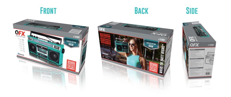 QFX J-220BTTQ Aqua Turquoise Boombox MP3 Conversion from Radio to Cassette with 4-Band (AM, FM, SW1, SW2) Radio with Bluetooth, Dual 3â€ Speakers, Built-in Microphone, Recorder, and a 3-Band Equalizer - Image 5