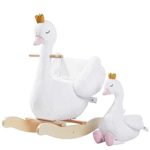 labebe Kids Rocking Horse White Swan with Little Plush Doll Toys Stuffed Animal Wooden Rocker for Children 6 Months Boys and GirlsNursery Christmas Birthday Gift Rocking Swan with Doll - Image 1