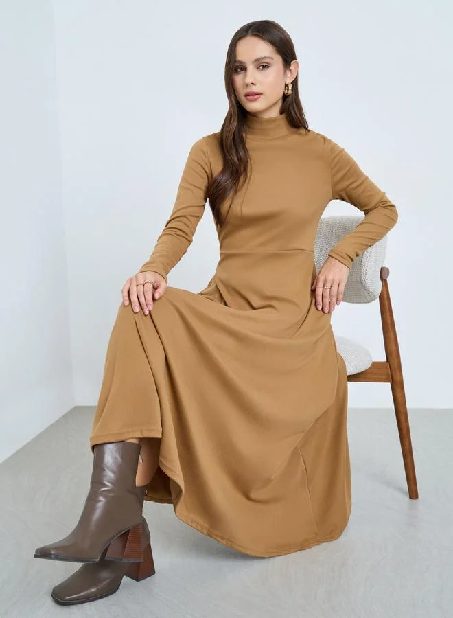 Take Two Beige High Neck Long Sleeve A-Line Midi Dress
