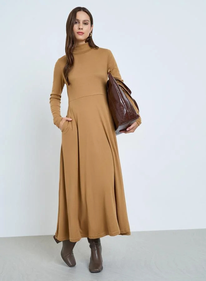 Take Two Beige High Neck Long Sleeve A-Line Midi Dress