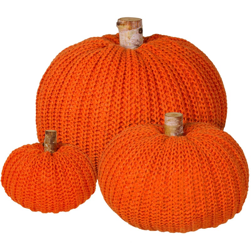 Winlyn Set of 3 Faux Fall Decorative Orange Pumpkins Crochet Pumpkins Knit Pumpkins Foam Pumpkins for Rustic Farmhouse Thanksgiving Harvest Halloween Wedding Table Centerpiece Mantel Kitchen Decor  - Image 1