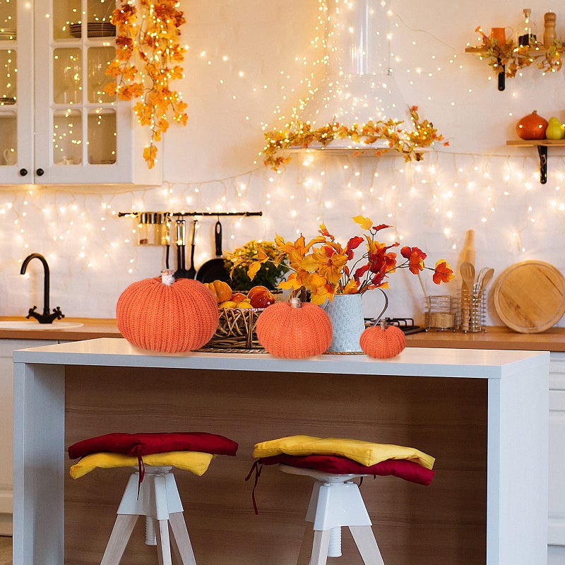 Winlyn Set of 3 Faux Fall Decorative Orange Pumpkins Crochet Pumpkins Knit Pumpkins Foam Pumpkins for Rustic Farmhouse Thanksgiving Harvest Halloween Wedding Table Centerpiece Mantel Kitchen Decor  - Image 5