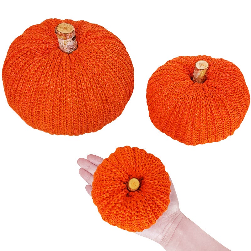 Winlyn Set of 3 Faux Fall Decorative Orange Pumpkins Crochet Pumpkins Knit Pumpkins Foam Pumpkins for Rustic Farmhouse Thanksgiving Harvest Halloween Wedding Table Centerpiece Mantel Kitchen Decor  - Image 3
