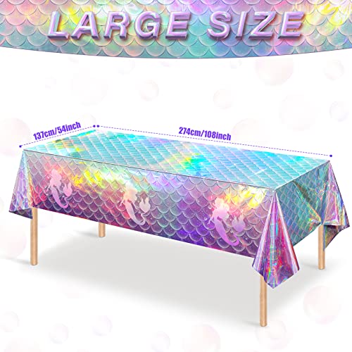 MASHAN 3Pcs Mermaid Iridescence Plastic Tablecloths,Mermaid Laser Table Cloths Holographic Foil Disposable Table Cover for Girls Birthday Wedding Disco Holiday Mermaid Themed Party Decorations 54 x108 inch - Image 2