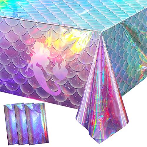 MASHAN 3Pcs Mermaid Iridescence Plastic Tablecloths,Mermaid Laser Table Cloths Holographic Foil Disposable Table Cover for Girls Birthday Wedding Disco Holiday Mermaid Themed Party Decorations 54 x108 inch - Image 1