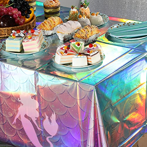 MASHAN 3Pcs Mermaid Iridescence Plastic Tablecloths,Mermaid Laser Table Cloths Holographic Foil Disposable Table Cover for Girls Birthday Wedding Disco Holiday Mermaid Themed Party Decorations 54 x108 inch - Image 5