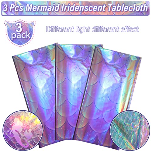 MASHAN 3Pcs Mermaid Iridescence Plastic Tablecloths,Mermaid Laser Table Cloths Holographic Foil Disposable Table Cover for Girls Birthday Wedding Disco Holiday Mermaid Themed Party Decorations 54 x108 inch - Image 4