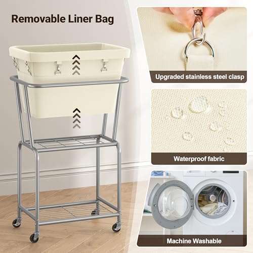 ELYKEN Rolling Laundry Hamper with Wheels, Laundry Cart with Removable Bag, Heavy Duty Metal Frame, 2-Tier Clothes Basket Hamper with Shelf for Closet, Bedroom, Bathroom, Laundry Room, Cream - Image 5