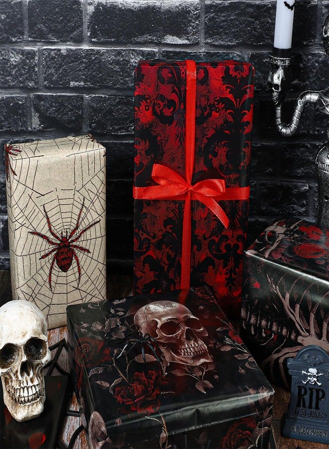 Whaline 12 Sheets Halloween Vintage Wrapping Paper - Not Roll - Rose Skull Skeleton Bats Gift Wrap Paper Folded Flat for DIY Crafts Gothic Holiday Horror Party, 19.7 x 27.6 Inch - Image 5