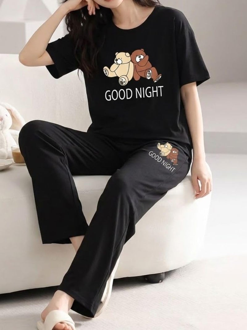 SMOWKLY Women's Premium Cotton Blend Cute Print Two Piece Pj Sleepwear Co-ord Set || Stylish Top with Pajama Pant Comfy Loungwear (1675_BK_M) Black - Image 4