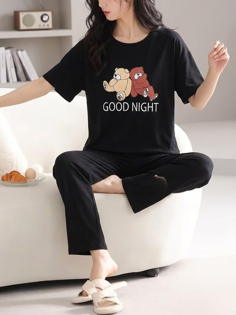 SMOWKLY Women's Premium Cotton Blend Cute Print Two Piece Pj Sleepwear Co-ord Set || Stylish Top with Pajama Pant Comfy Loungwear (1675_BK_M) Black - Image 2