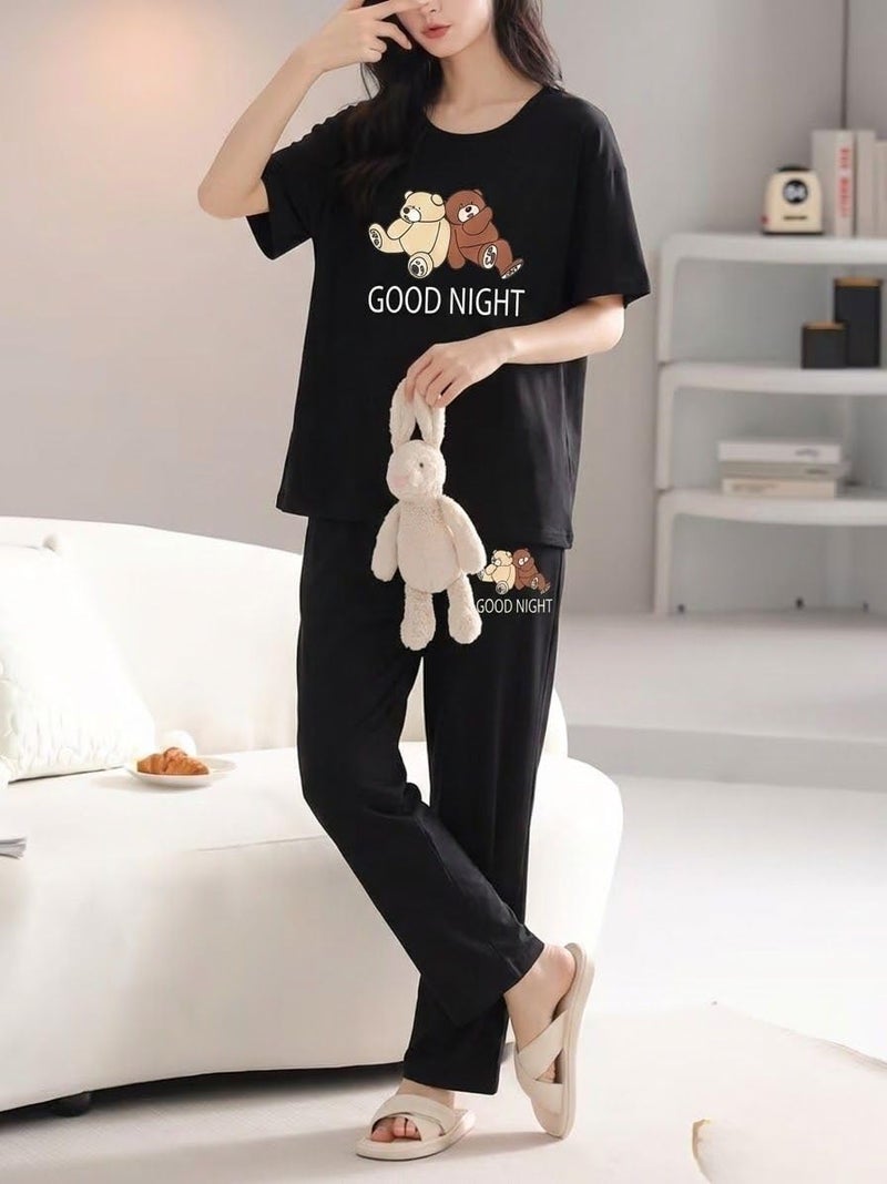 SMOWKLY Women's Premium Cotton Blend Cute Print Two Piece Pj Sleepwear Co-ord Set || Stylish Top with Pajama Pant Comfy Loungwear (1675_BK_M) Black - Image 5