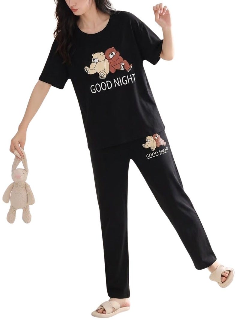 SMOWKLY Women's Premium Cotton Blend Cute Print Two Piece Pj Sleepwear Co-ord Set || Stylish Top with Pajama Pant Comfy Loungwear (1675_BK_M) Black - Image 1