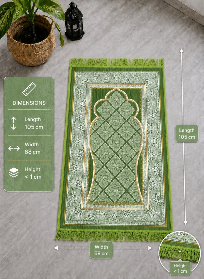 Prayer Rug (Sajadah) – Knee-Friendly Comfort, Compact Foldable Travel & Office Prayer Mat, Elegant Black & Silver Mihrab Design with Fringe (Light Olive) - Image 2