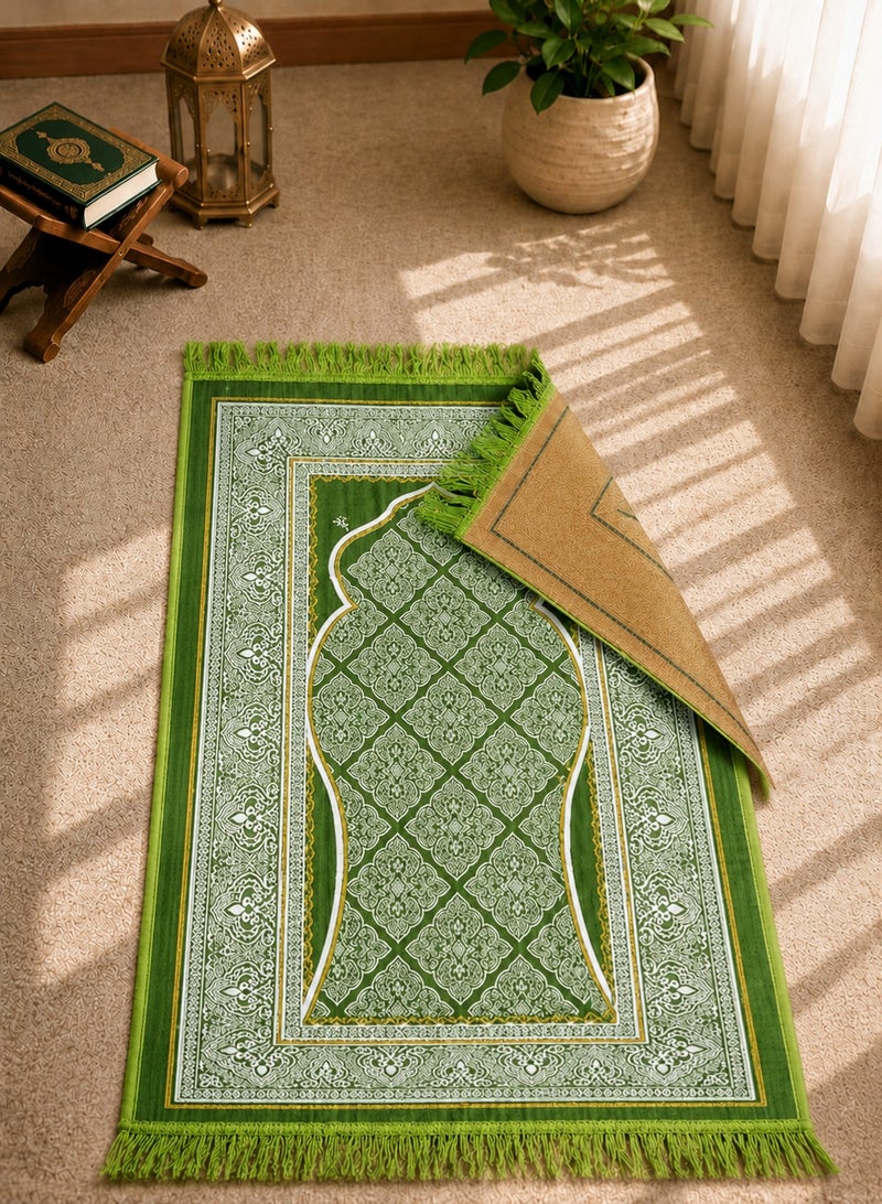 Prayer Rug (Sajadah) – Knee-Friendly Comfort, Compact Foldable Travel & Office Prayer Mat, Elegant Black & Silver Mihrab Design with Fringe (Light Olive) - Image 3