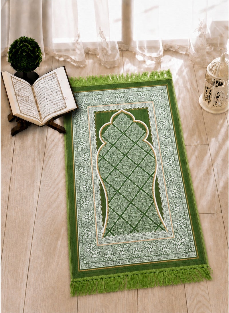 Prayer Rug (Sajadah) – Knee-Friendly Comfort, Compact Foldable Travel & Office Prayer Mat, Elegant Black & Silver Mihrab Design with Fringe (Light Olive) - Image 1