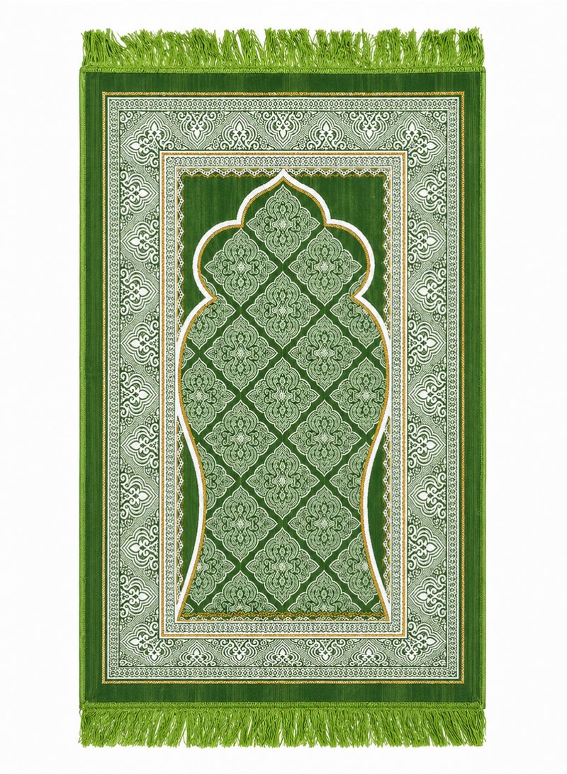 Prayer Rug (Sajadah) – Knee-Friendly Comfort, Compact Foldable Travel & Office Prayer Mat, Elegant Black & Silver Mihrab Design with Fringe (Light Olive) - Image 4