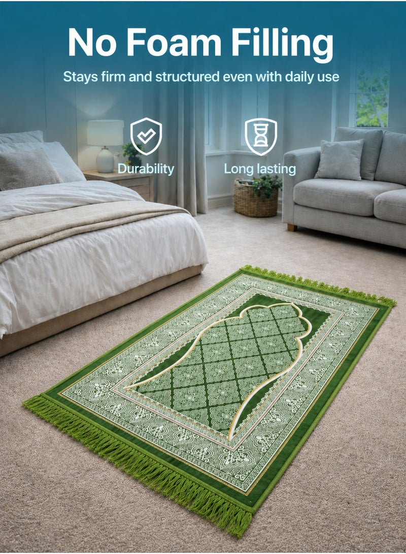 Prayer Rug (Sajadah) – Knee-Friendly Comfort, Compact Foldable Travel & Office Prayer Mat, Elegant Black & Silver Mihrab Design with Fringe (Light Olive) - Image 5