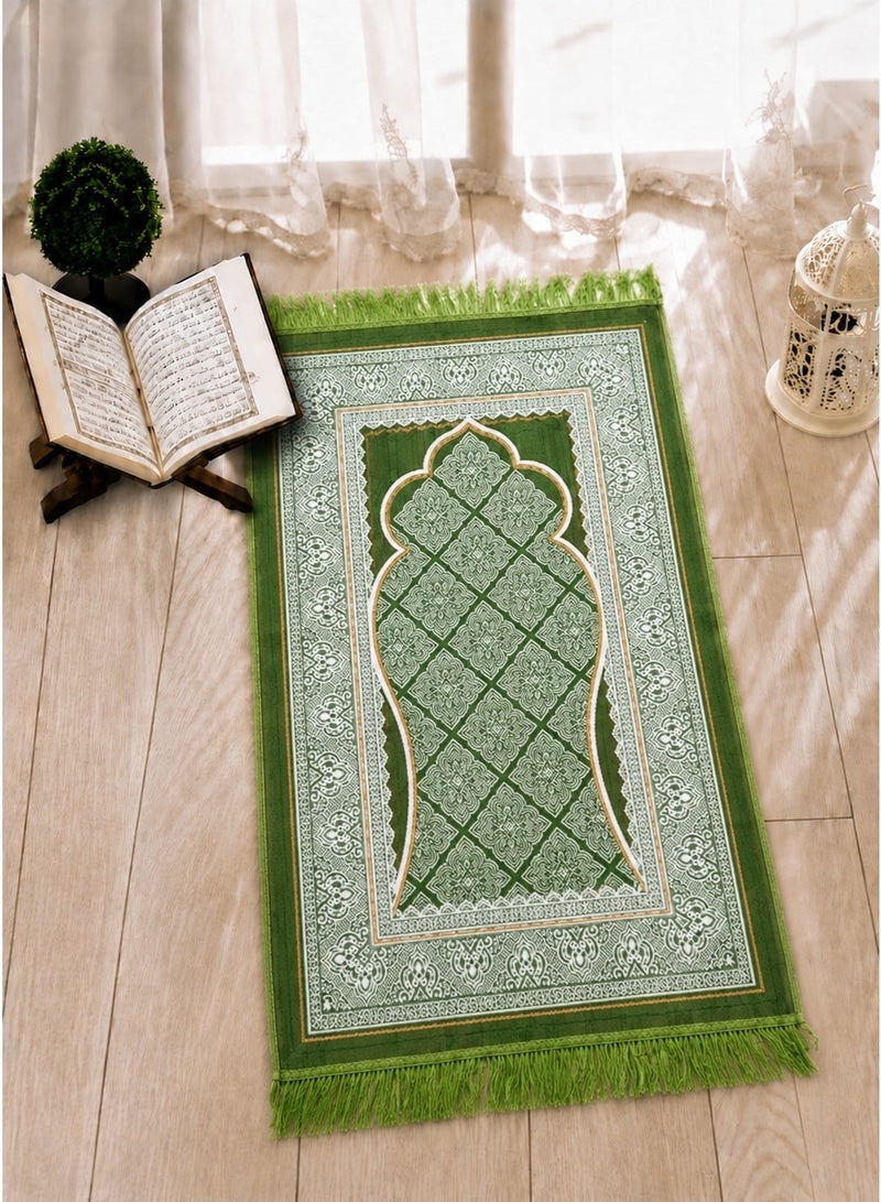 Prayer Rug (Sajadah) – Knee-Friendly Comfort, Compact Foldable Travel & Office Prayer Mat, Elegant Black & Silver Mihrab Design with Fringe (Light Olive) - Image 2