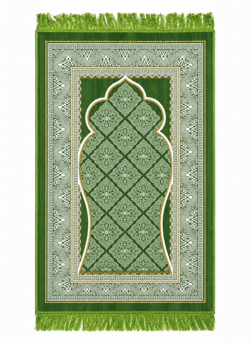 Prayer Rug (Sajadah) – Knee-Friendly Comfort, Compact Foldable Travel & Office Prayer Mat, Elegant Black & Silver Mihrab Design with Fringe (Light Olive) - Image 5