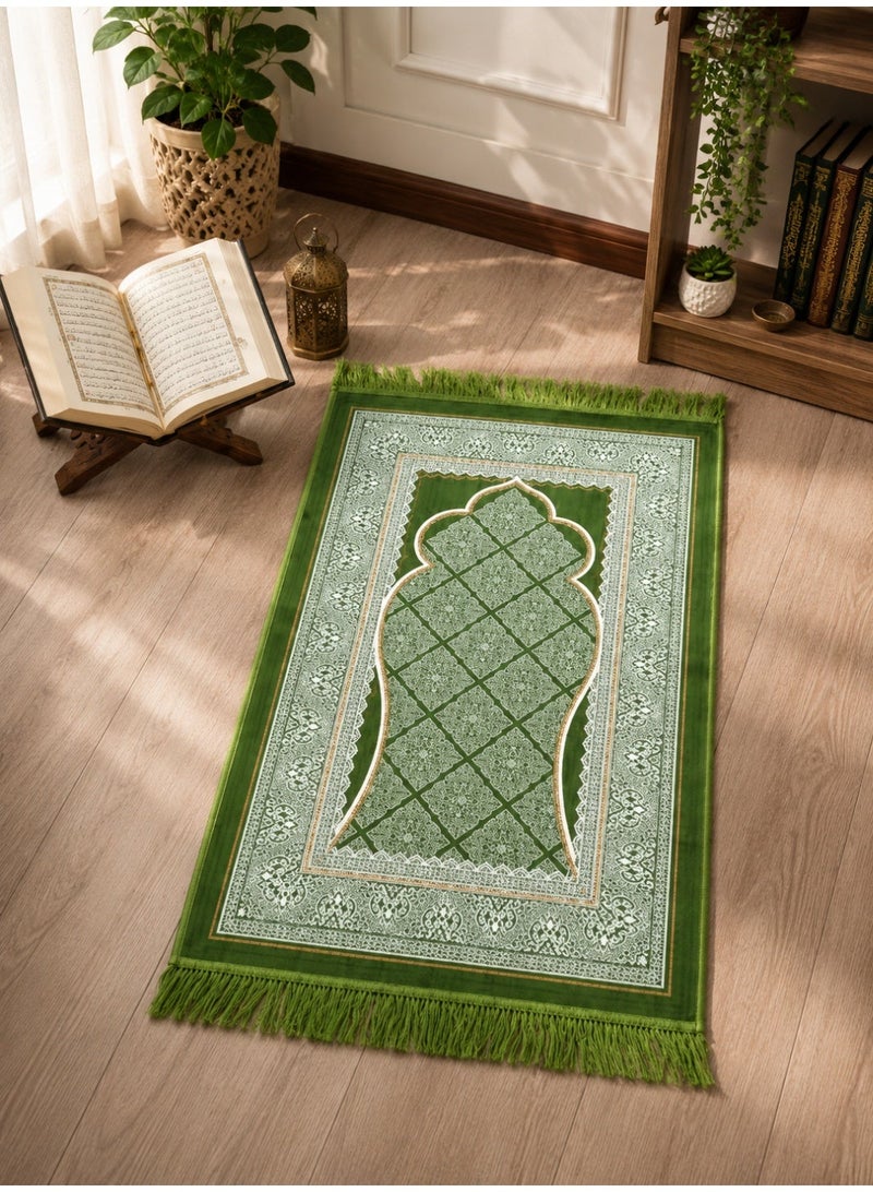 Prayer Rug (Sajadah) – Knee-Friendly Comfort, Compact Foldable Travel & Office Prayer Mat, Elegant Black & Silver Mihrab Design with Fringe (Light Olive) - Image 1