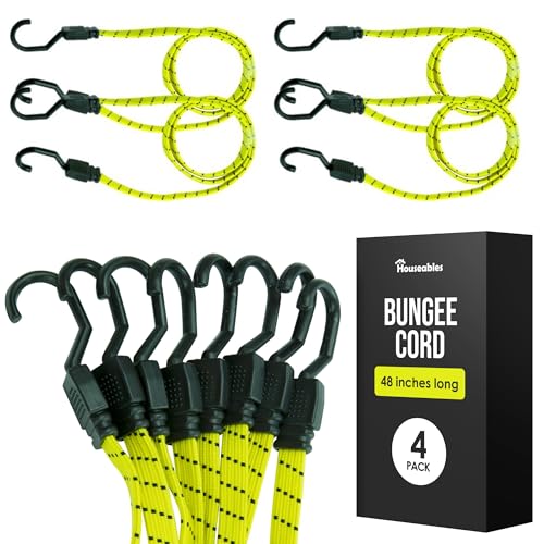Houseables Long Bungee Cords with Hooks, Bungee Cords with Hooks, Elastic Straps, Elastic Tie Down Straps, Rope for Moving, Dolly, Truck, Bungie Chords, Heavy Duty Outdoor, Rubber, Flat, 48 Inch, 4 PK - Image 1