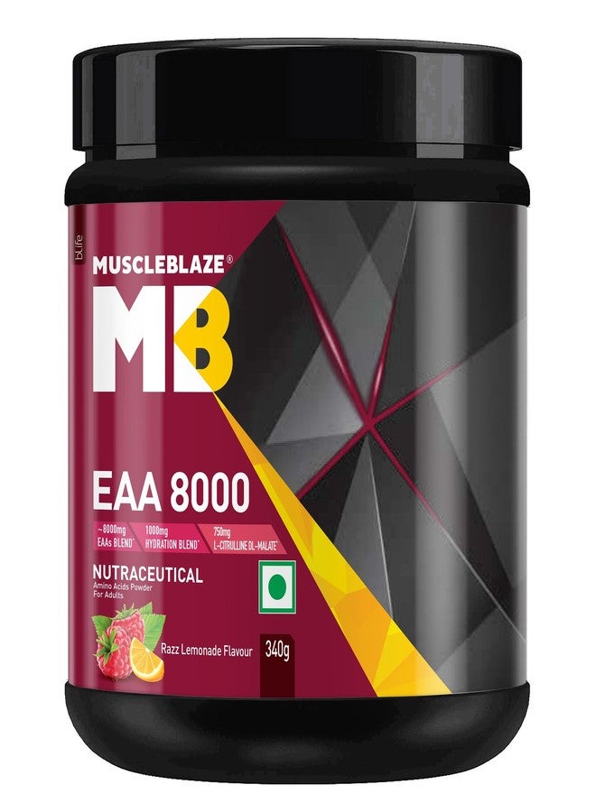 مسل بلايز مسحوق MuscleBlaze EAA 8000 (عصير ليمون وتوت، 340 غ، 25 حصة) | مزيج أحماض أمينية أساسية 8000 ملغ، مزيج ترطيب 1000 ملغ | 750 ملغ إل-سيترولين - Image 1