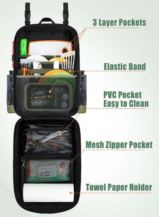 Marscamd Camp Kitchen Organizer Backpack with Paper Towel Holder, Hanging Camping Utensil Storage Bag with Multi Pockets for Camping Utensils, Barbecue Tool, Bag Only, Black - Image 3