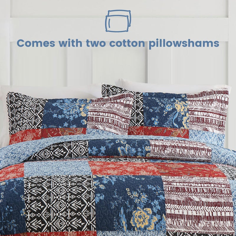 Secgo Queen Comforter Set for Bed - 100% Cotton Quilts Queen Size, Black Bedspreads (90 * 98 Inch) with 2 Pillow Shams, Patchwork Reversible Lightweight Bedding - Image 5