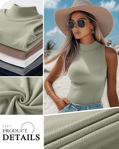 Xaatren 3 Pack Womens Sleeveless Mock Turtlenecks Shirts Ribbed Stretch Slim Fitted Tank Top Basic Lightweight Bustier TeeBlack Mint Green BrownMedium - Image 3