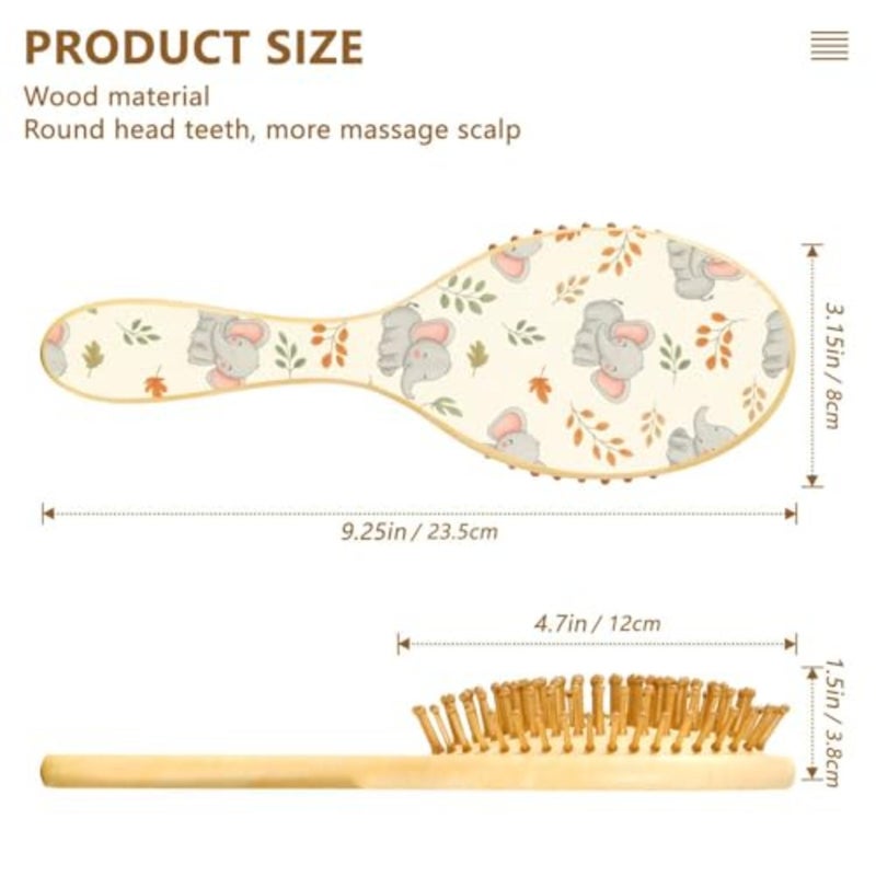 Cute Animals Elephants Beige Print Hair Brush for Women Men Smoothing Hair Brushes Round Hairbrush Hair Massager Scalp Travel Wooden Combs for Curly Wet Dry Thick Straight Hair - Image 3