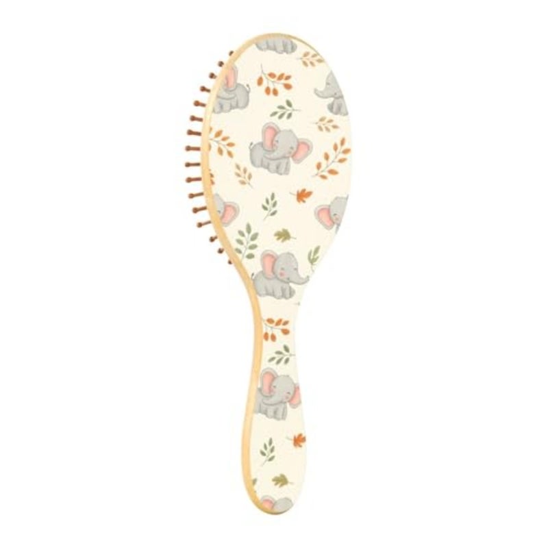 Cute Animals Elephants Beige Print Hair Brush for Women Men Smoothing Hair Brushes Round Hairbrush Hair Massager Scalp Travel Wooden Combs for Curly Wet Dry Thick Straight Hair - Image 1
