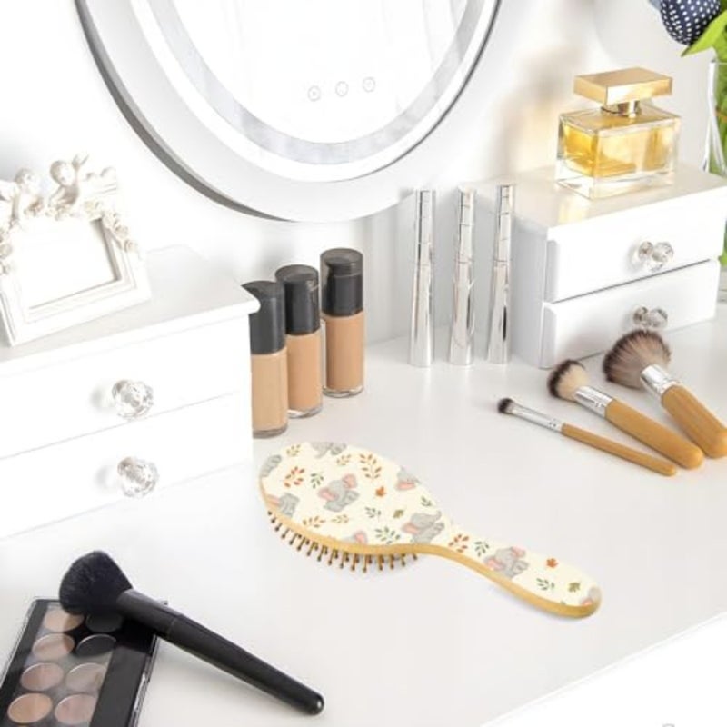 Cute Animals Elephants Beige Print Hair Brush for Women Men Smoothing Hair Brushes Round Hairbrush Hair Massager Scalp Travel Wooden Combs for Curly Wet Dry Thick Straight Hair - Image 5