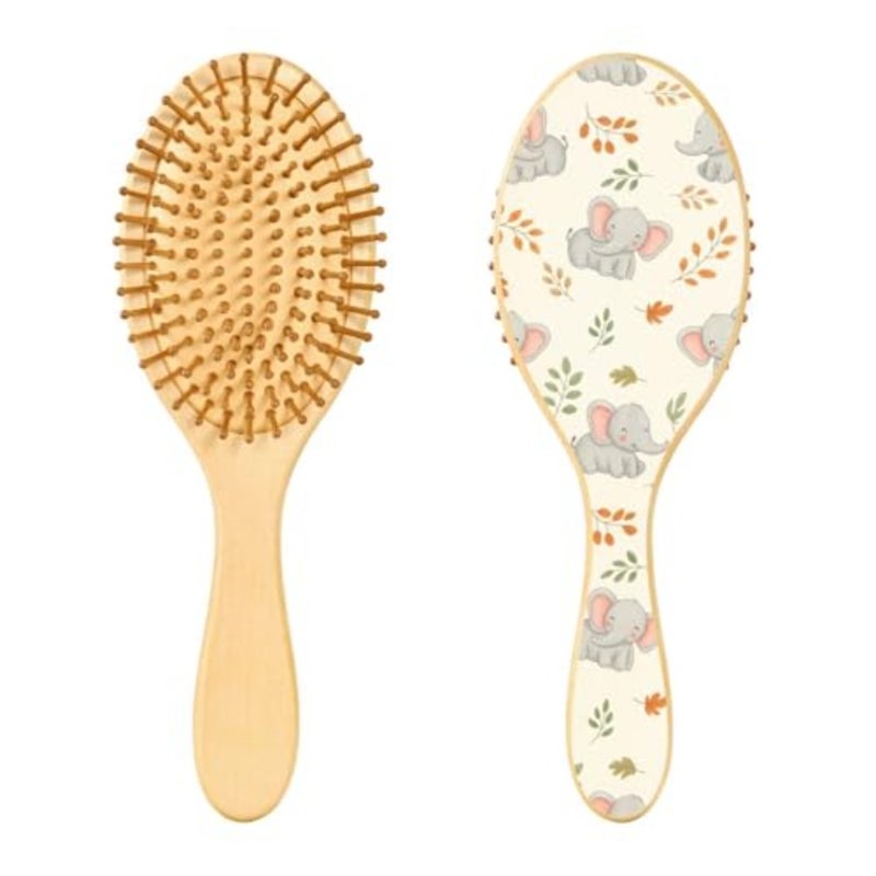 Cute Animals Elephants Beige Print Hair Brush for Women Men Smoothing Hair Brushes Round Hairbrush Hair Massager Scalp Travel Wooden Combs for Curly Wet Dry Thick Straight Hair - Image 2