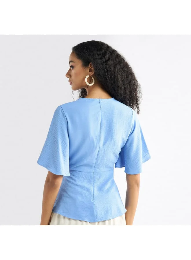 Splash FAV V-neck Top with Flutter Sleeves and Knot Detail