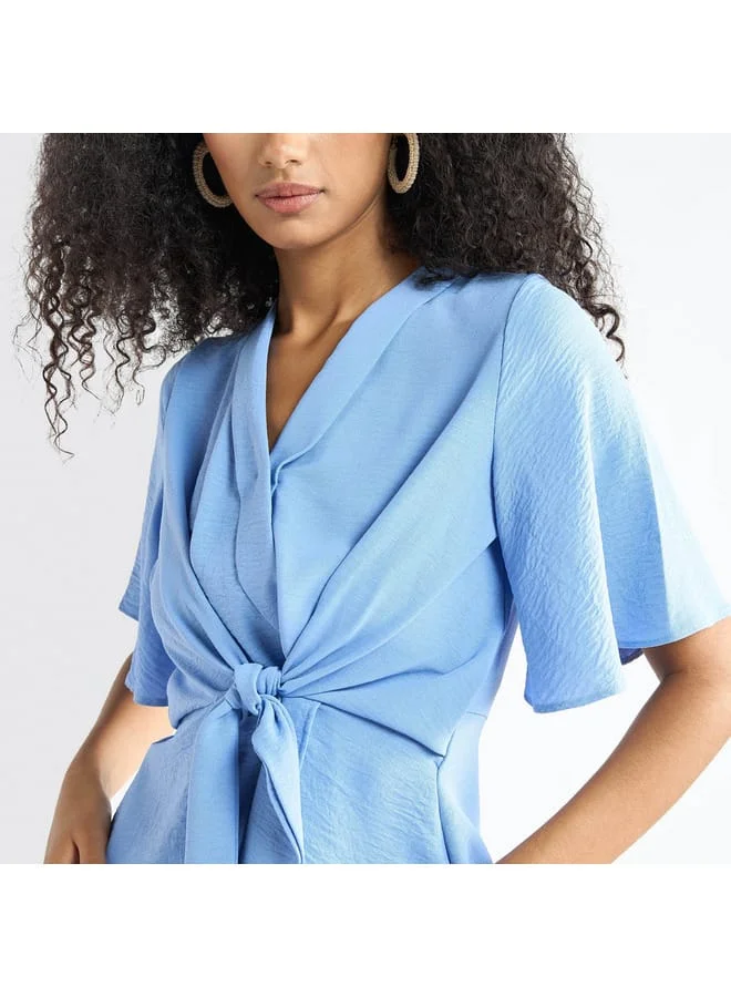 Splash FAV V-neck Top with Flutter Sleeves and Knot Detail