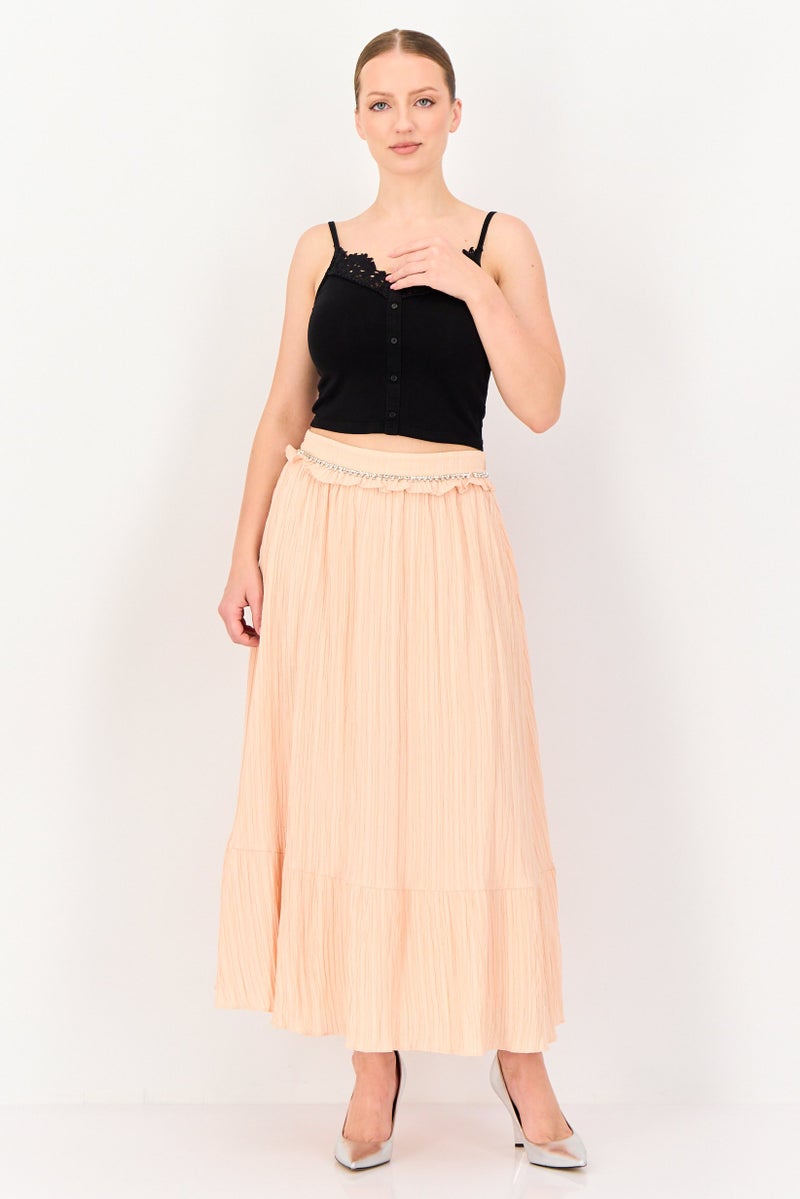 Femi9 تنورة ميدي مزينة للنساء، خوخي - Image 3