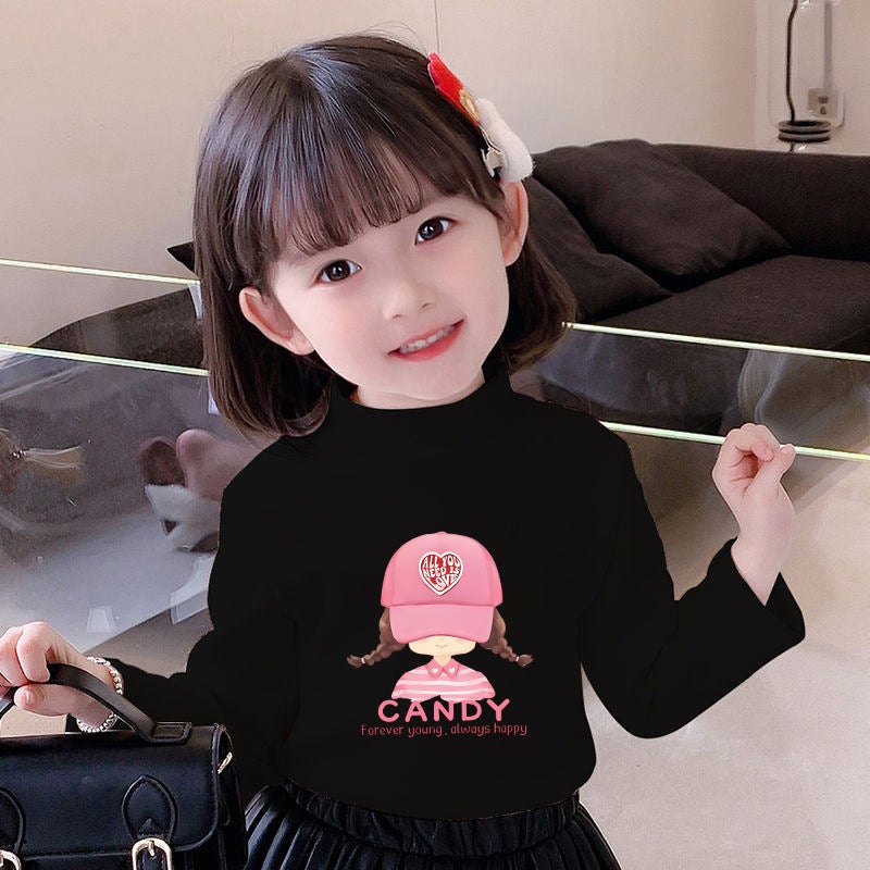 Children'S Base Shirt Half-High Collar Girl'S White Baby'S Long-Sleeved T-Shirt De-Velvet Base T-Shirt - Image 1