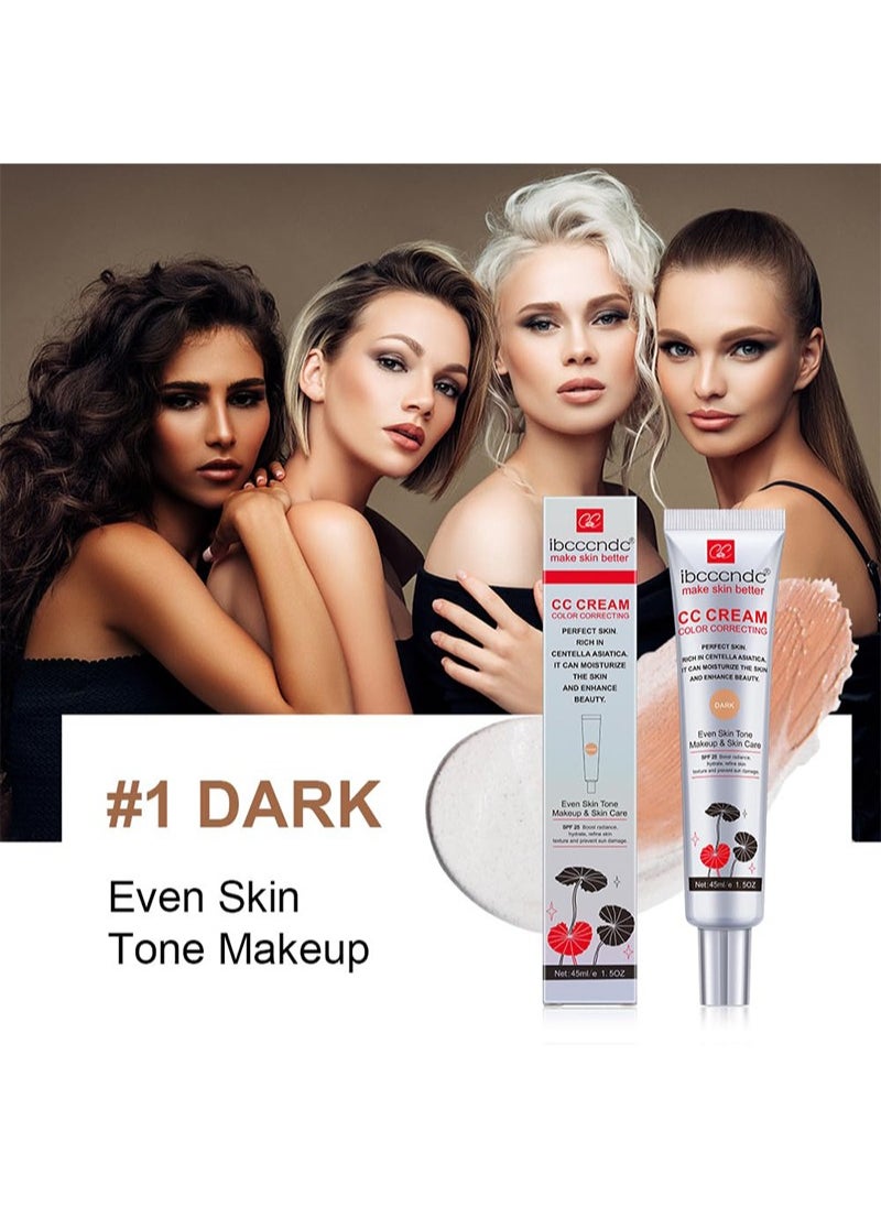 ibcccndc - Skin Tone Correcting CC Cream with Centella Asiatica, Concealing and Moisturising CC Cream Color Correcting, Repairing Redness and Acne Marks, Water and Sweat Resistant, SPF 25 (01#DARK) - Image 1