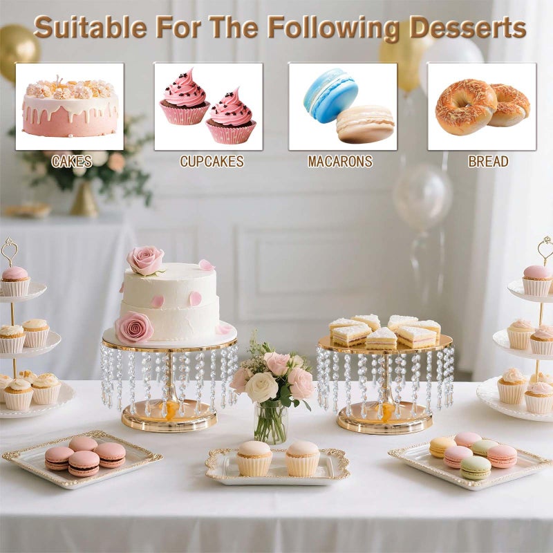 Kehail 2 Pcs Gold Metal Mirror Cake Stand Set with Crystal Pendants - 11.8"W Elegant Dessert Table Display for Weddings, Birthday Parties, Baby Showers, Events - Sturdy Crystal Bling Cupcake Stands for Pastries, Sweets, Decorations - Image 5