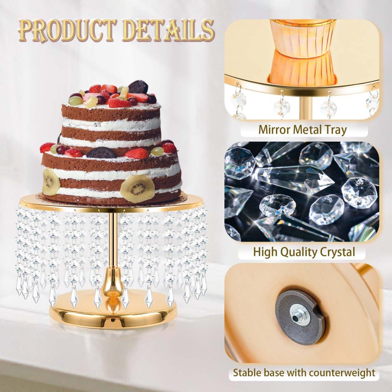Kehail 2 Pcs Gold Metal Mirror Cake Stand Set with Crystal Pendants - 11.8"W Elegant Dessert Table Display for Weddings, Birthday Parties, Baby Showers, Events - Sturdy Crystal Bling Cupcake Stands for Pastries, Sweets, Decorations - Image 3
