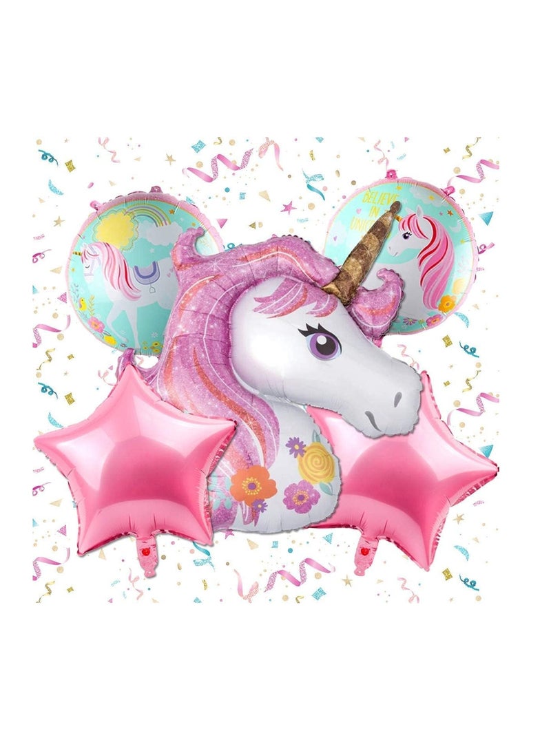 Dubkart Unicorn Balloons Birthday Party Decorations - Pack of 5, Pink Unicorn Mylar Balloon for Unicorn Theme Party Supplies, Baby Shower, Home Office Decor, Birthday Backdrop - Image 1