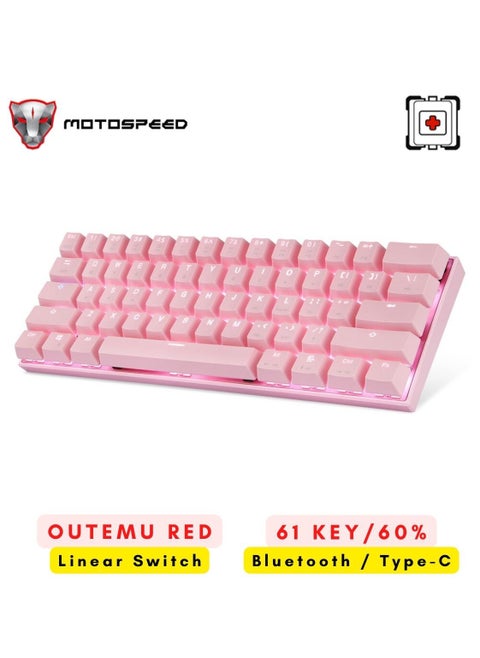 RGB Backlight 61-Key Mechanical Gaming Keyboard NKRO Anti-Ghosting 60% Mech Keeb Bluetooth USB Type-C Wired Dual-Mode - Pink Outemu Red Switch