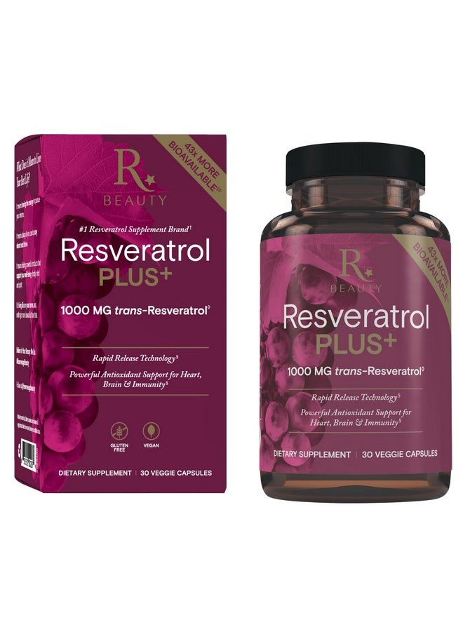ReserveAge Nutrition - Reserveage Beauty Resveratrol Plus+ 1000 mg - Rapid-Release Resveratrol Capsules with Quercetin for Immune System, Brain Health & Cellular Health - Gluten-Free & Vegan - 30 Veggie Capsules - Image 1