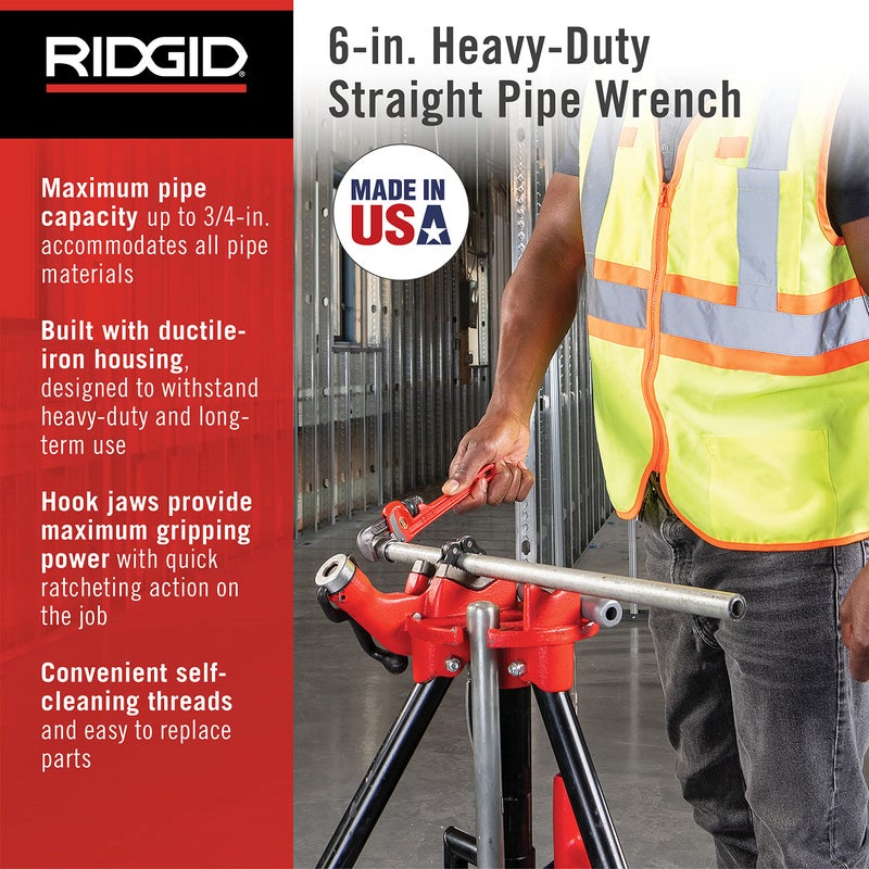 RIDGID مفتاح أنابيب ريدجيد 31000 موديل 6 ثقيل الوزن 6 بوصة، أحمر، صنع في الولايات المتحدة الأمريكية - Image 2